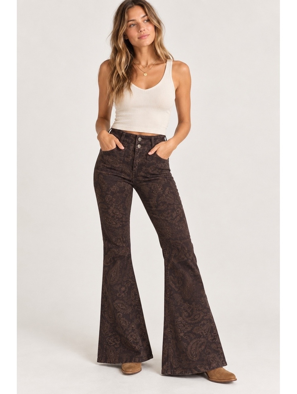 Free People We The Free Jayde Paisley High Rise Flare Jeans Brown 24